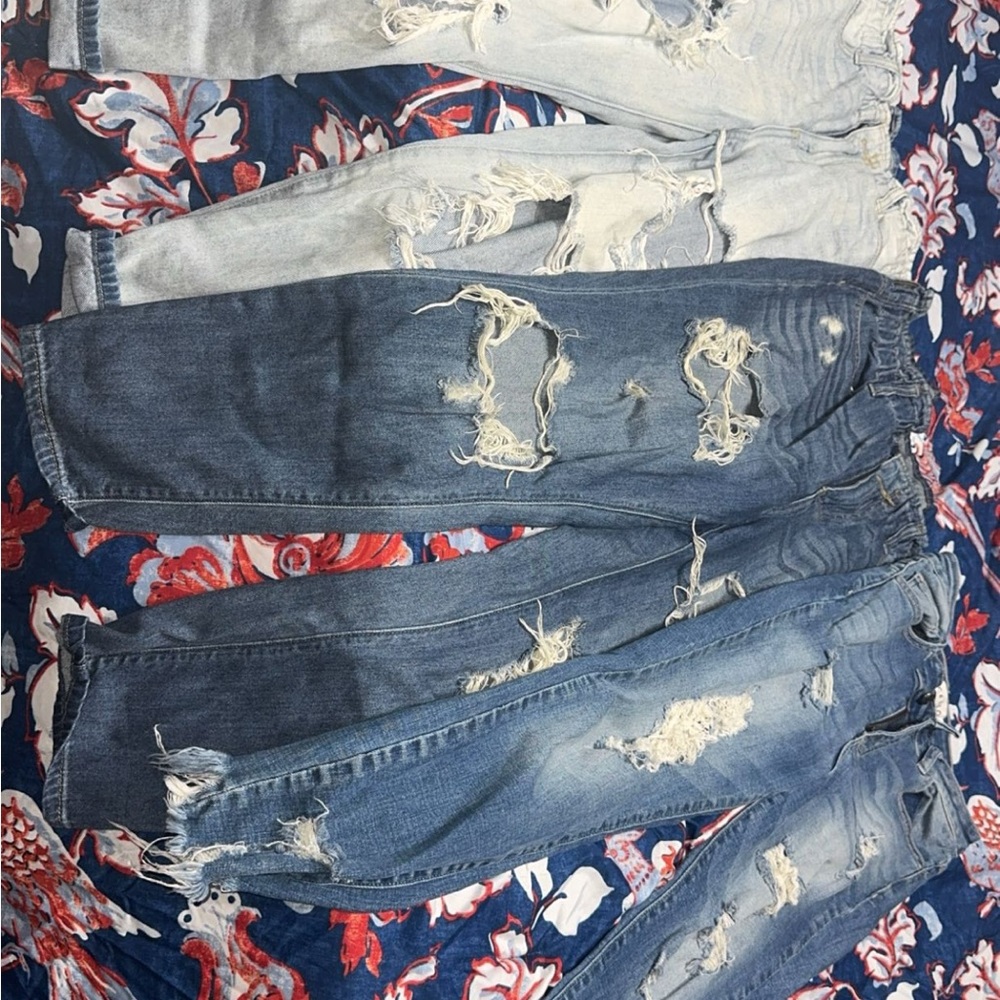 KanCan Women's Distressed Boyfriend Jeans - Light and Dark Blue